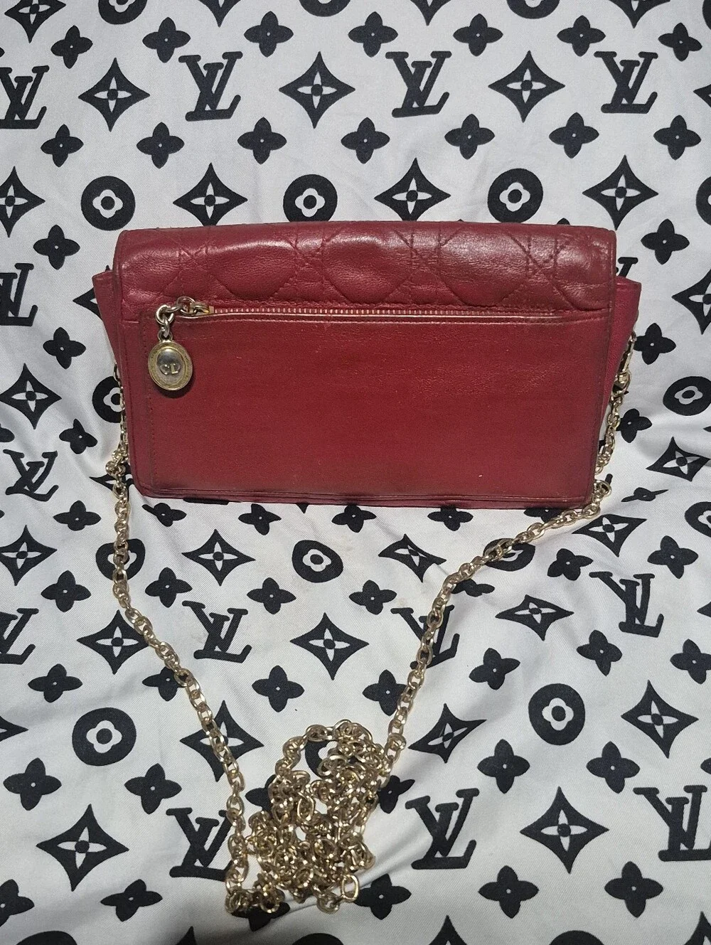 Vintage Authentic Dior Red Quilted Chain Wallet